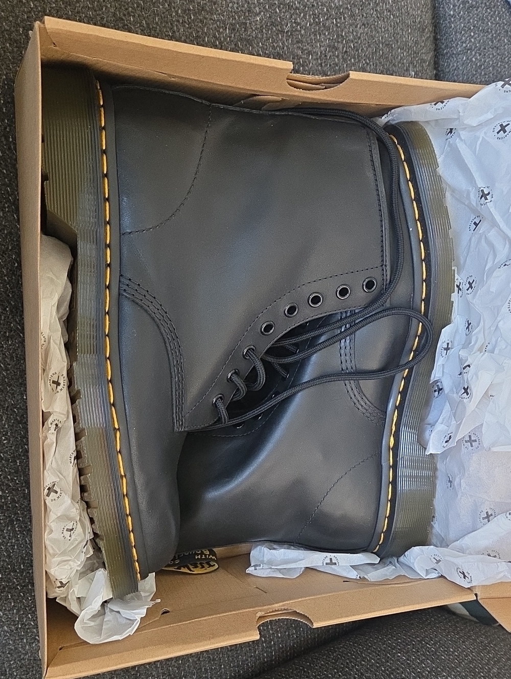 Dr. Martens Black Leather 8-Eye Lace-Up Boots with Yellow Stitching